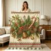 Soft Warm Flannel Throw Blanket with Vintage Christmas Holiday Floral Pinecone Bell Candy Cane Print All Season Lightweight Cozy Breathable Decorative
