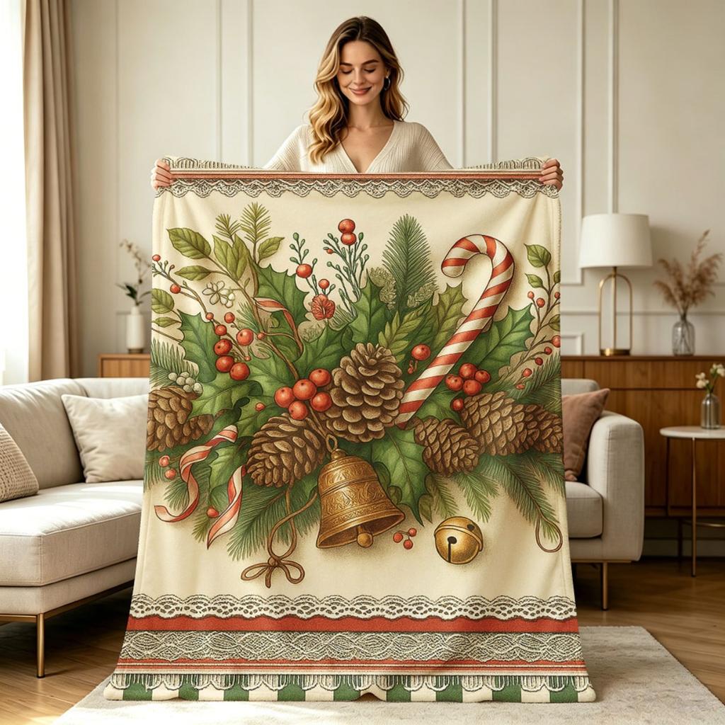 Soft Warm Flannel Throw Blanket with Vintage Christmas Holiday Floral Pinecone Bell Candy Cane Print All Season Lightweight Cozy Breathable Decorative