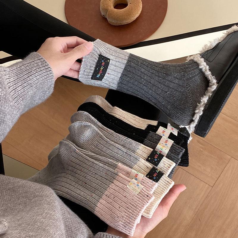 Socks Women'S New Trendy Socks Idea Thick Thread Splicing Cloth Label Cotton Socks Mid-Length Piles