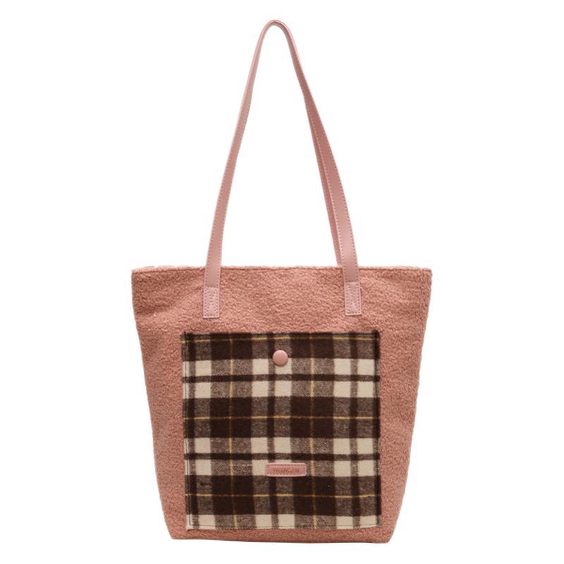 Temperament niche popular contrasting color plaid bag 2025 winter commuting lamb wool fashion versatile shoulder handbag