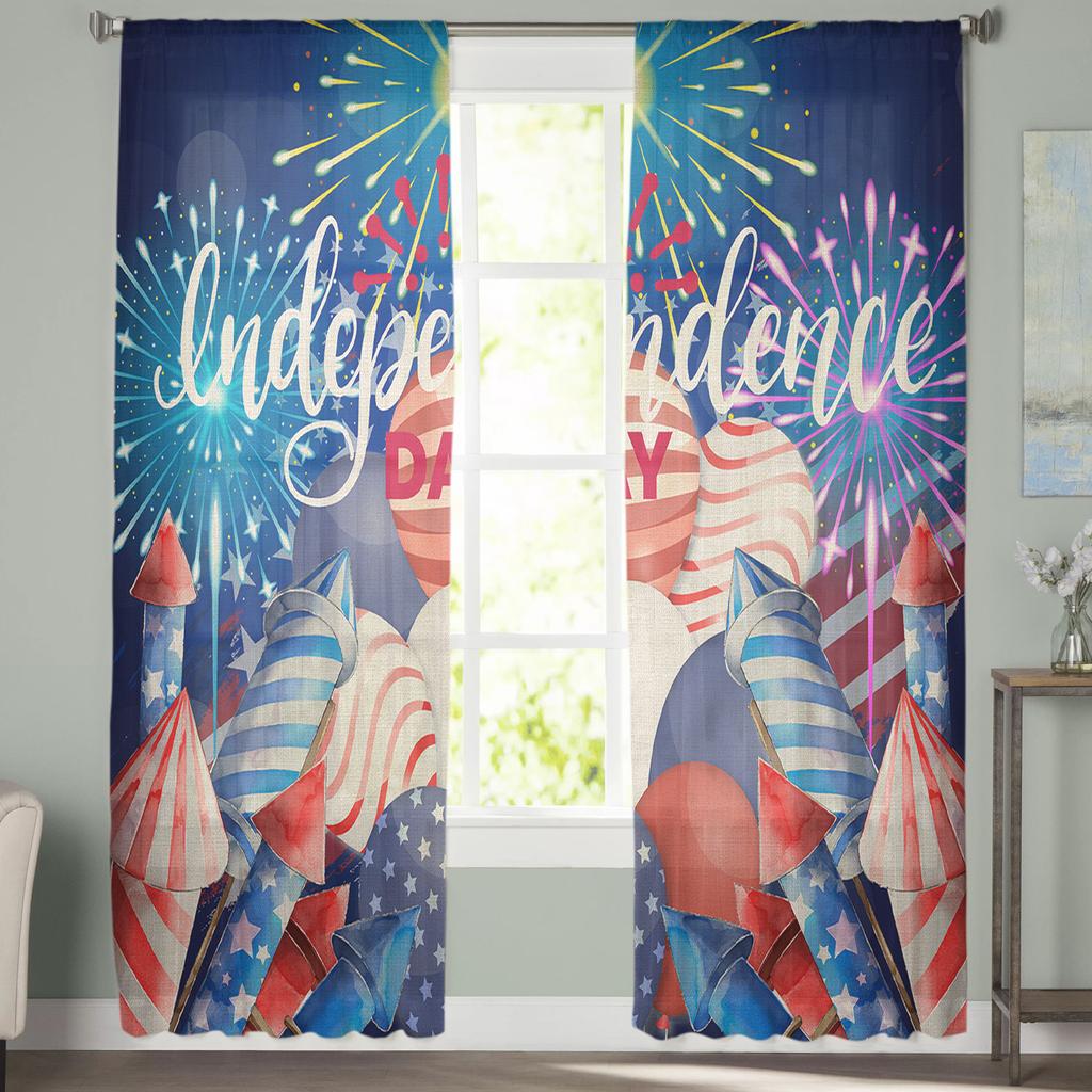 Unabhängigkeitstag Feuerwerk Ballons Transparente Vorhänge für Wohnzimmer Schlafzimmer Kinderzimmer Tüll Fensterdekoration Vorhänge