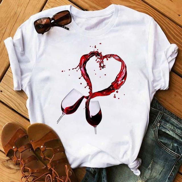 T-shirt a maniche corte da donna Primavera Estate Moda Tacchi Alti Stampa Bicchiere da Vino Grafica Tessuto in Poliestere Top Casual per Signore