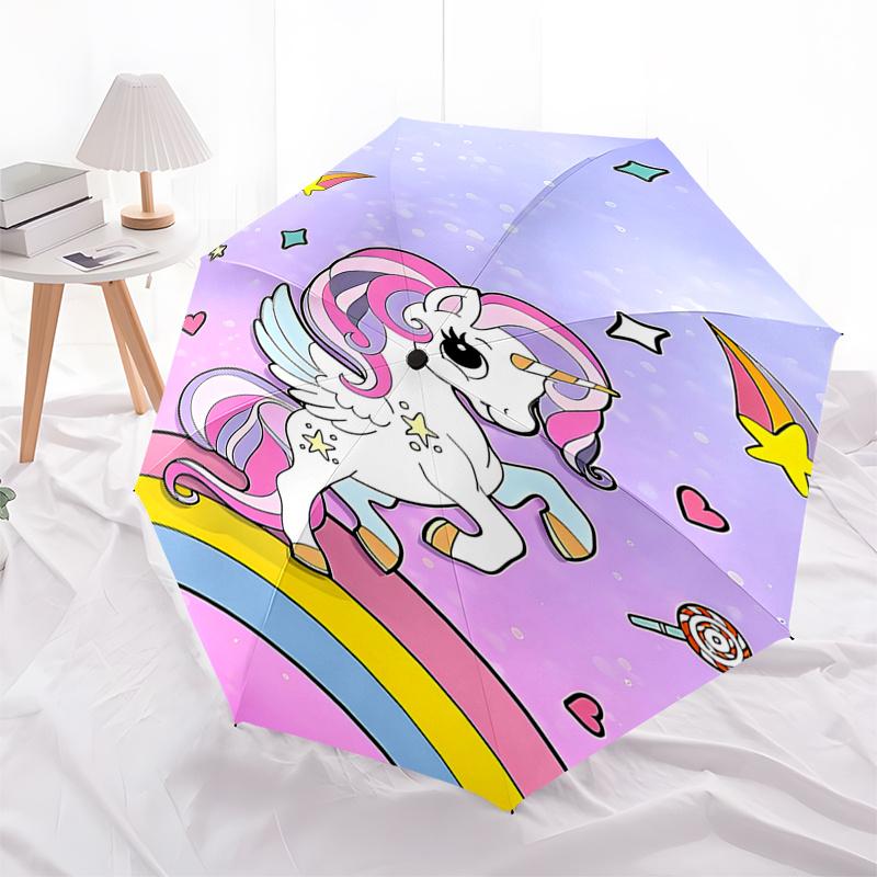

Unicorn Rainbow Automatic Opening/Closing Umbrella - Portable 3-Fold Design with 8-Bone Iron Frame, Perfect for Festivals and Everyday Use,