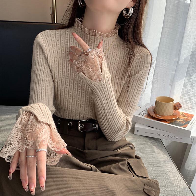 YUZHAOLIN Damska koronkowa bluzka z dzianiny z półgolfem i długim rękawem