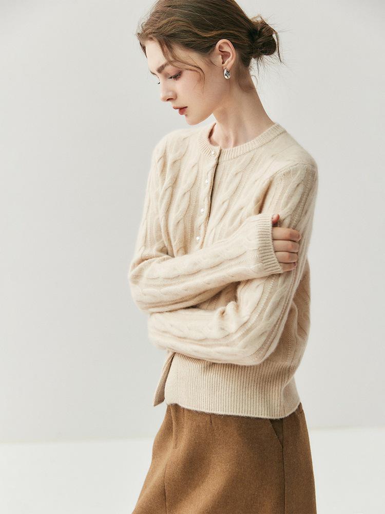 Dames 100% Kasjmier Kabelgebreid Vest - Ronde Hals, Parelknopen, Effen Kleur, Perfect voor Herfst en Winter