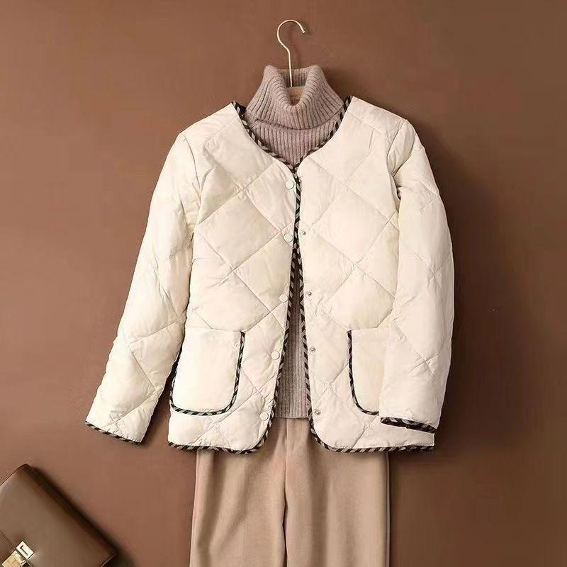 

Жіноча коротка бавовняна куртка, кругла горловина в стилі ретро, ​​осінь-зима, класична шотландка 5XL бежевий