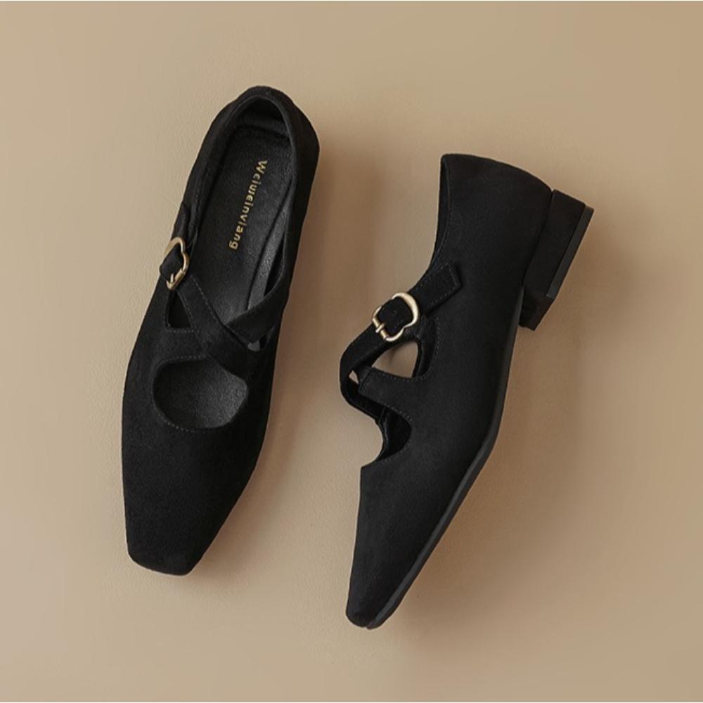 Fashion Sharp Pointed Pumps Women's Thick Heel Velvet Material Cross Buckle Strap Flats Retro Shallow Mouth Mary Jane Shoes Women