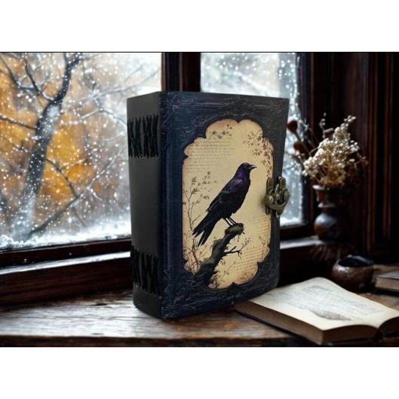 Raven Leather Journal, Handmade Gothic Book of Shadows, Deckle Edge Paper
