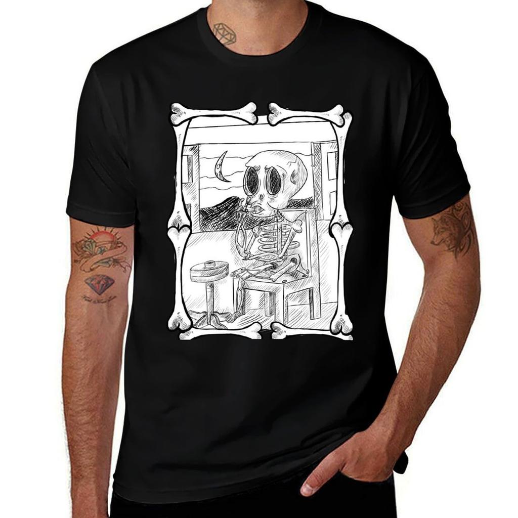 chill skeleton by a window at night T-Shirt Minimalist Plain Crew Neck T-Shirt