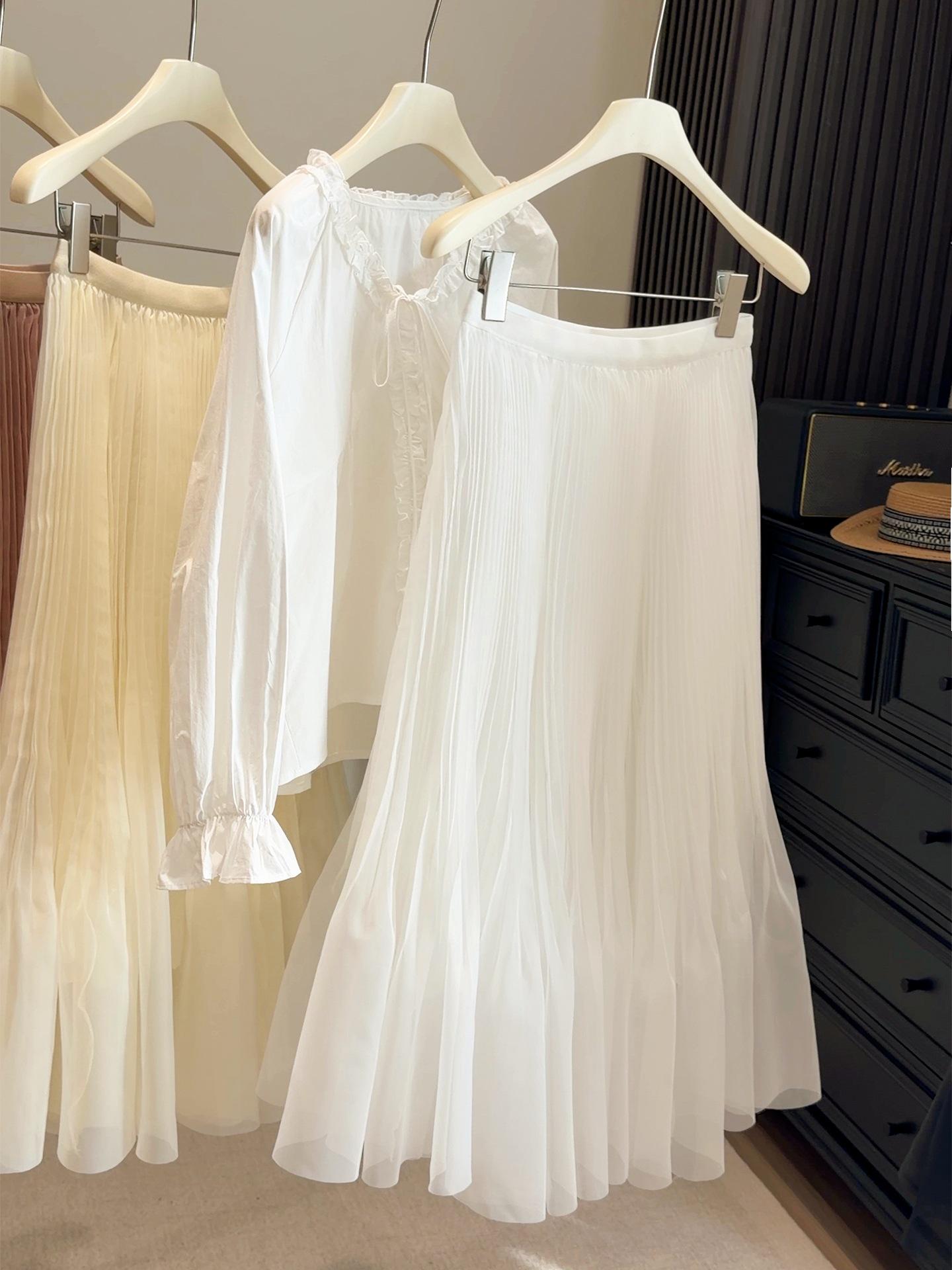 

Apricot Mesh Mermaid Skirt: Elastic Waist, Flowy A-line Pleats for Spring & Summer One Size білий
