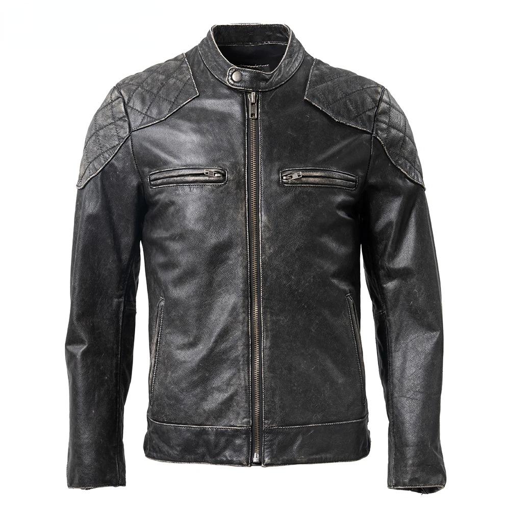 Giacca da motociclista in vera pelle da uomo vintage di taglia cinese, in pelle di mucca naturale, cappotto maschile autunnale
