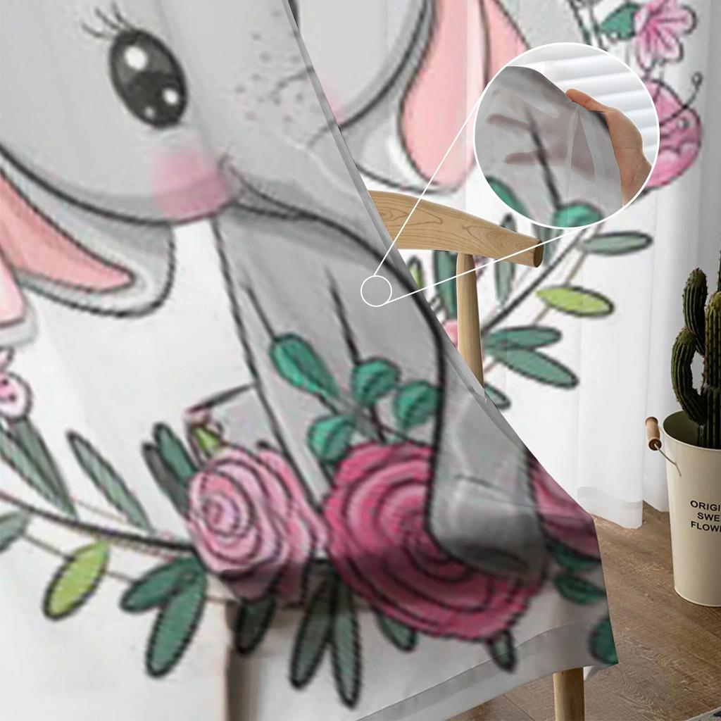 Cute Elephant With A Floral Wreath Tulle Curtain For Living Room Sheer Valance Curtain For Kitchen Bedroom Window Drapes