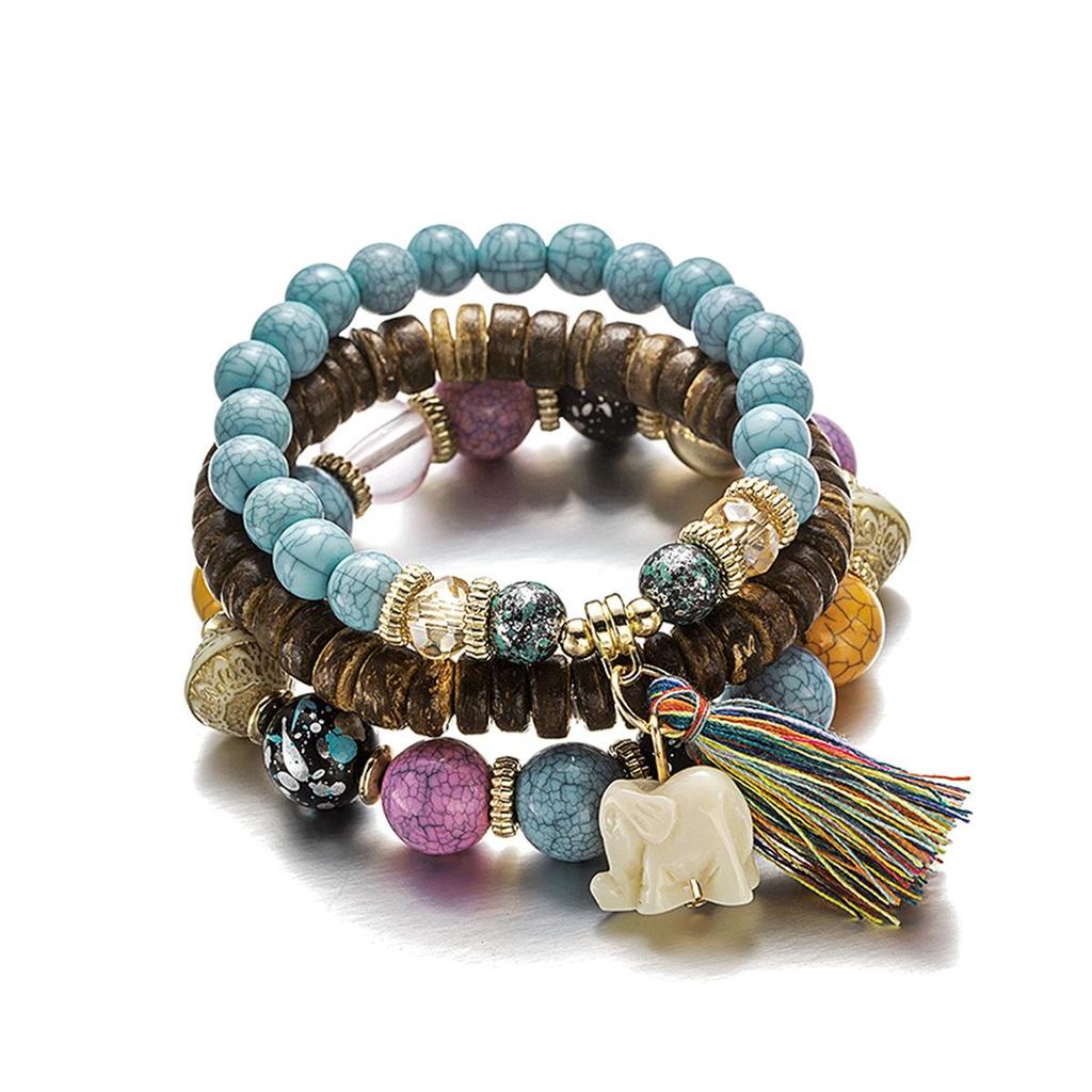 Bohemian Elephant Tassel Multi-Layer Wood Bead Bracelet