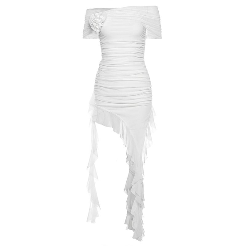 

# Sisjuly# Fairy Flying Asymmetrical Ruffles Slit Sexy Figure Tube Top Dress Female Easiest for Match White S