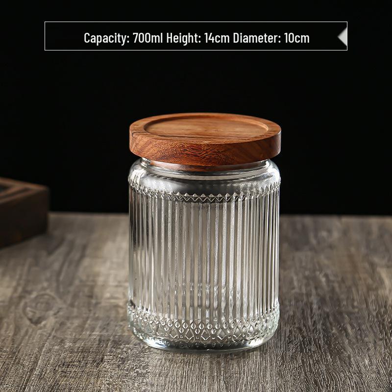 Large Glass Storage Jar with Striped Wooden Lid, Airtight & Food-Grade, Round Transparent Chinese Kitchen Collectible