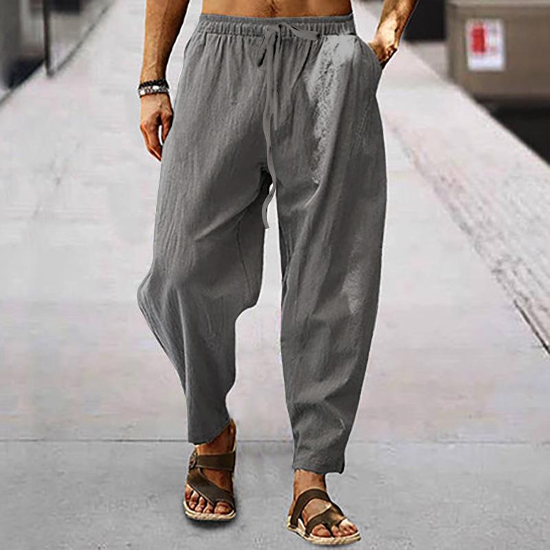 Men Cotton Linen Pants Summer and Autumn Solid High Waist Wide-Leg Trousers Male Loose Hemp Casual Breathable Sports Pants