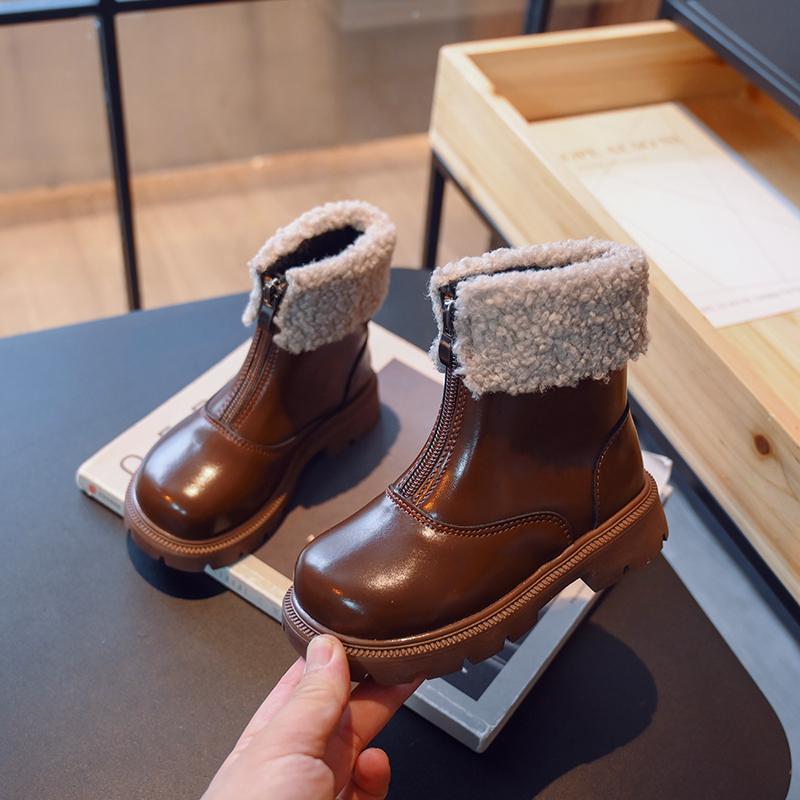 Girls Short Boots Turned-over Edge Plush Retro Winter Children Warm Boots Front Zipper Kids Fashion Boots Anti-Slippery 2024 New