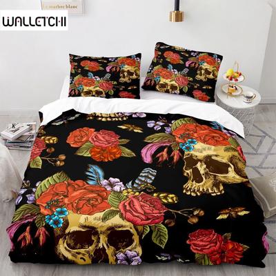 Sugar Skull Duvet Cover King Microfiber Rose Bedding Set Floral Skull Comforter Cover Black Red Orange Skeleton Twin Quilt Cover