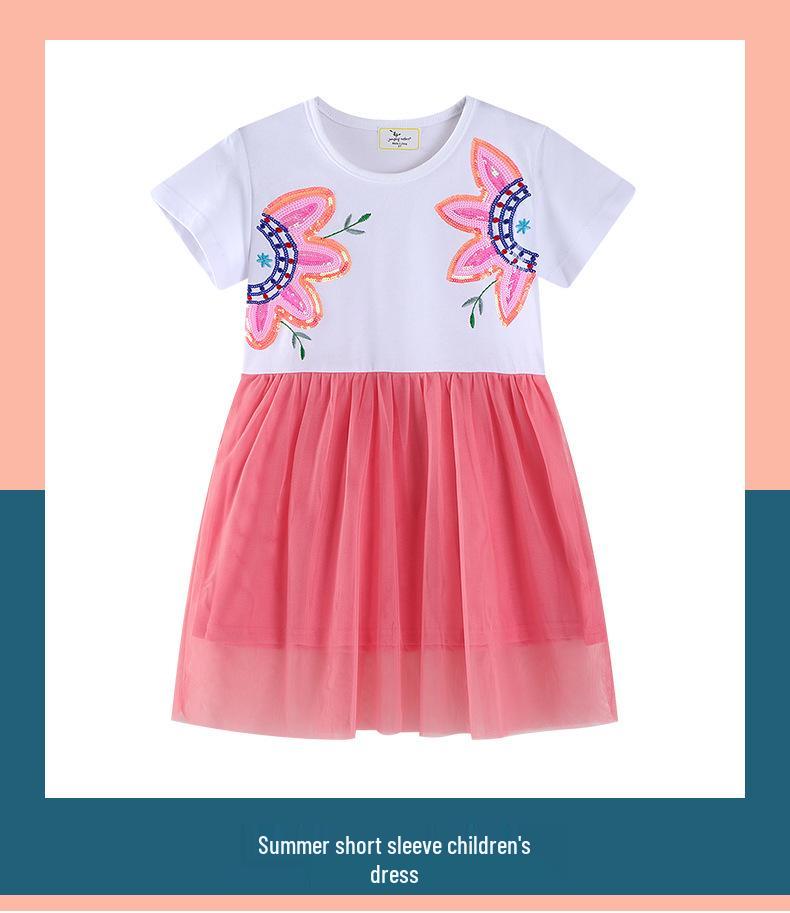 Dziewczęce letnie sukienki w stylu europejskim z cekinowym haftem - Siatkowe patchworkowe sukienki księżniczki z krótkim rękawem