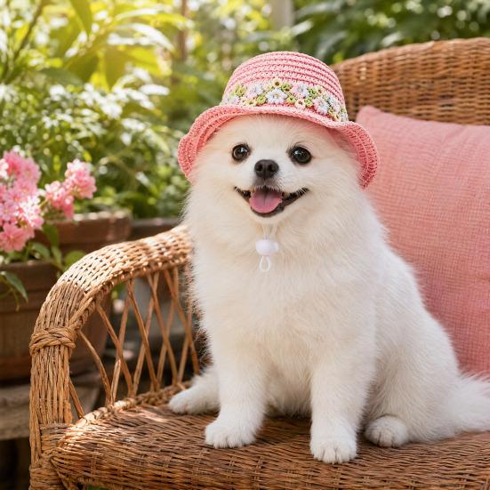 Yousheng Pet Straw Hat, Embroidered Floral Summer Cat Hat, Woven Scalloped Edge Pet Sun Hat with Adjustable Strap for Cats And Small Dogs