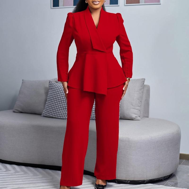 Women Elegant Ruffle Long Sleeve Top Wide Leg Pants Two Piece Set