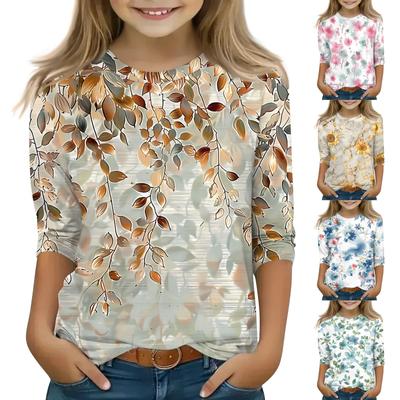 חולצות שרוול 3/4 לילדים חולצת טי מודפסת קז'ואלית צווארון עגול סוודר חולצה