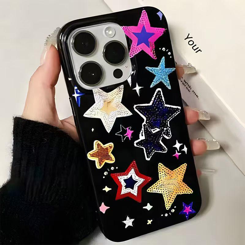 Korean Lovely Colorful Stars Phone Case For iPhone 11 12 13 14 15 16 Pro Max Plus XR X XS 7 8 Plus SE2 Glossy Black Soft Cover