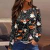 Women's Halloween Print Long Sleeve Top with Round Neck and Hem Slit