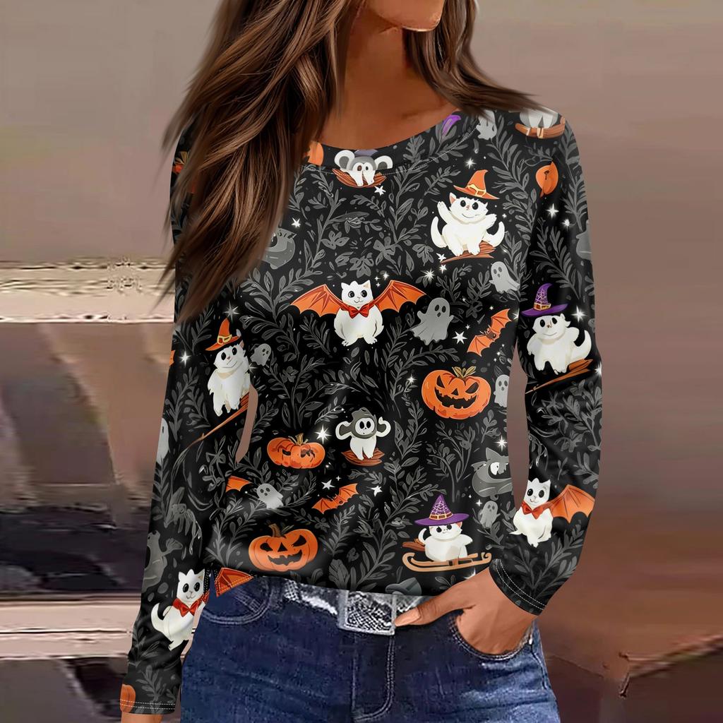 Women's Halloween Print Long Sleeve Top with Round Neck and Hem Slit