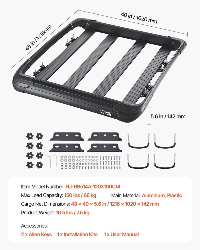 Panier Porte-Bagages de Toit 48 x 40 x 5,6 po Porte-Bagages de Toit de Voiture