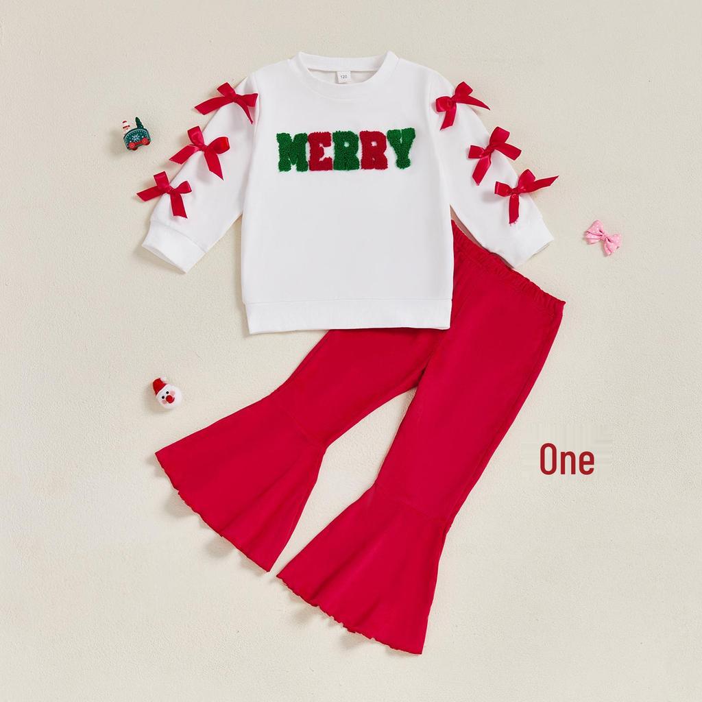 European and American Girls' Christmas Embroidery Bow Sweatshirt and Flare Pants Set