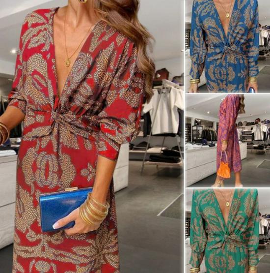 

New Print V-Neck Mid-Length Dress for Women XXL червоний