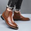 Men's British Style Vintage Brogue Chelsea Boots Soft Sole High Top Pointed Toe Leather Work Dress Shoes
