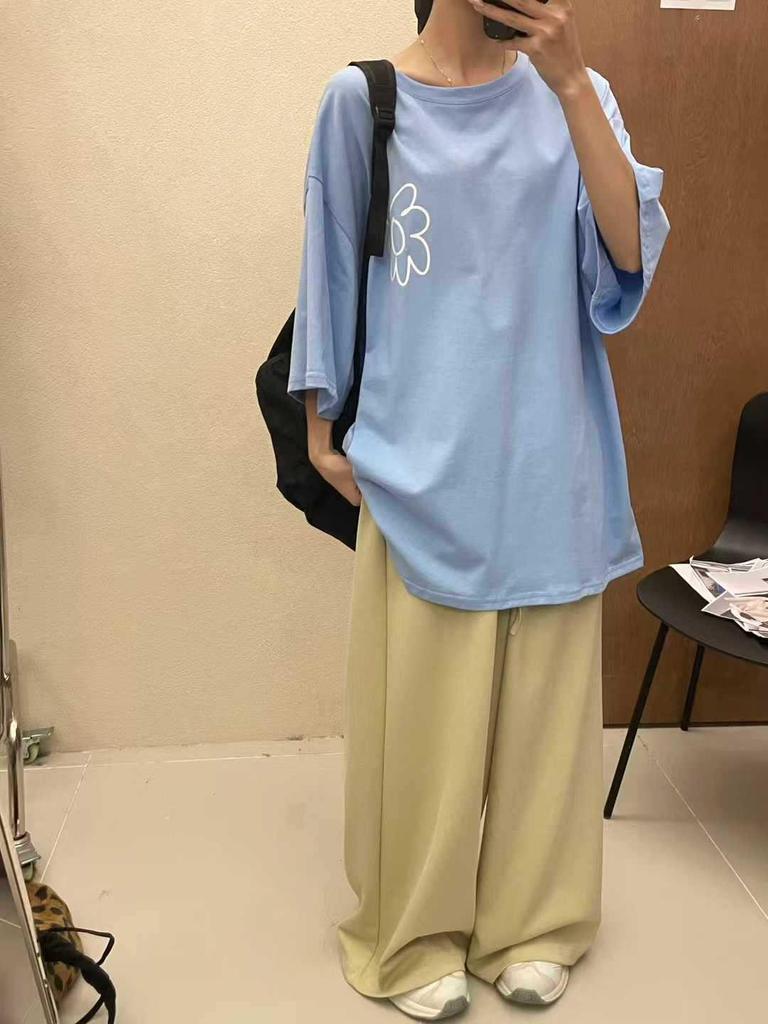 Da7 Women's Korean Style High Waist Wide-Leg Pants - Plus Size, Spring Casual, with Drawstring, Loose Fit.
