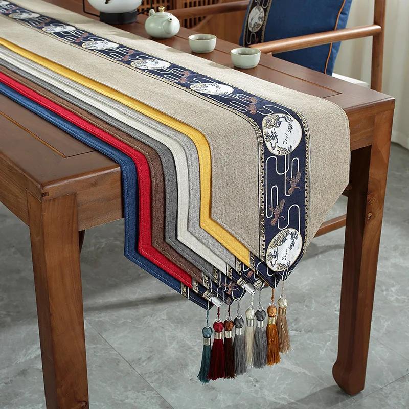 Chinese Style Table Flag Waterproof Oil Resistant Tassel Table Runner Tea House Tea Towels Zen Tea Table Cloth Hotel Bed Flag
