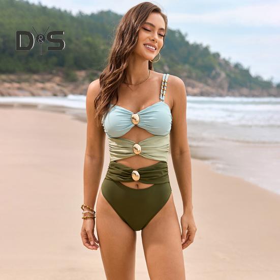 Women Monokini Sling Hollow Design One-piece Swimsuit with Metal Buckles Patchwork Color Sexy Beachwear