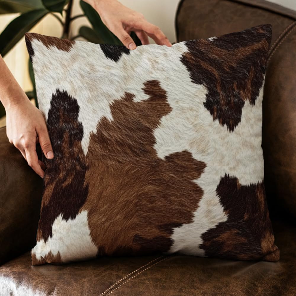 Western Throw Pillow Covers 18x18,Rustic Cow Print Pillows,Western Room Decor Brown Throw Pillows Covers for Counch Sofa Living Room