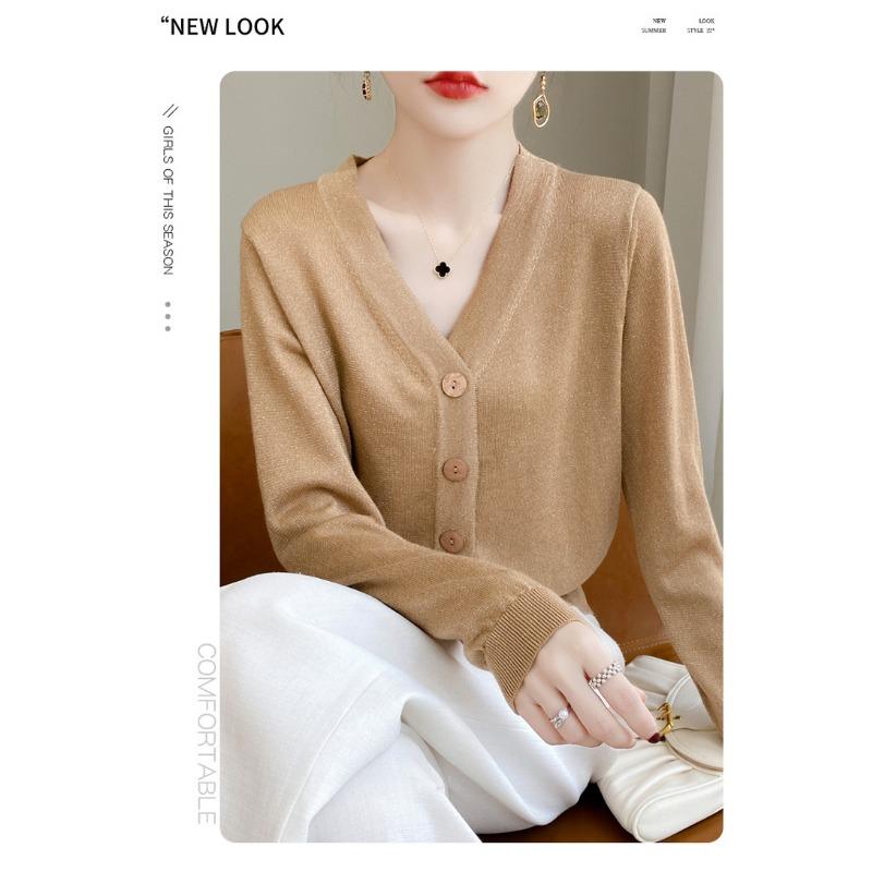 Tricotaj de damă de primăvară și toamnă, scurt, slăbit, cu decolteu în V, de culoare uni, cu cataramă, tricotaj cu mâneci lungi