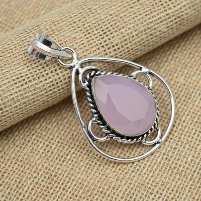 Beautiful Pink Chalcedony Gemstone 925 Sterling Silver Pendant Handmade Jewelry