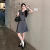 French Gray Polka Dot Bubble Sleeve Dress Women's Summer Bow Design Sense Temperament Sweet Waist Short Skirt