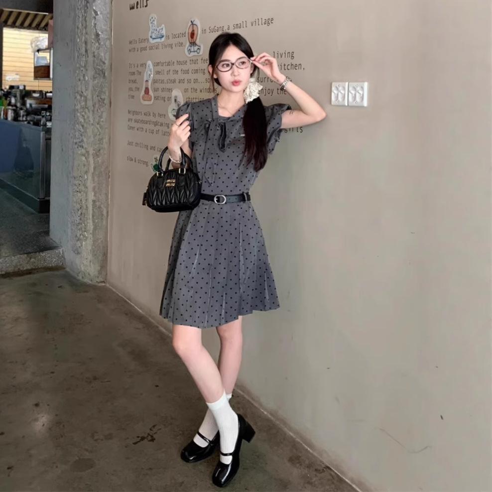 French Gray Polka Dot Bubble Sleeve Dress Women's Summer Bow Design Sense Temperament Sweet Waist Short Skirt