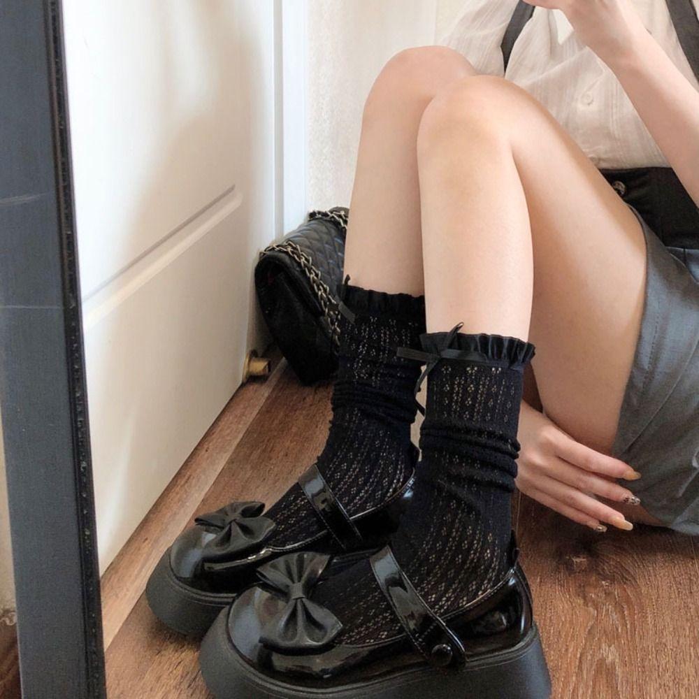 Ultra-thin Black Lace Socks Y2K Knee High Socks Japanese Style Bow Women Socks  Student