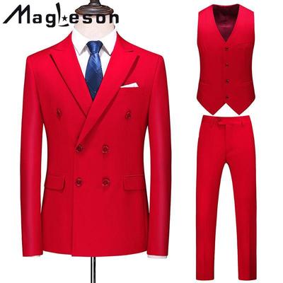 14 Color Men's Clothing Men's Large Size Suit Three-piece Double-breasted Solid Color Hollow Business Casual Suit Suits & Blazers