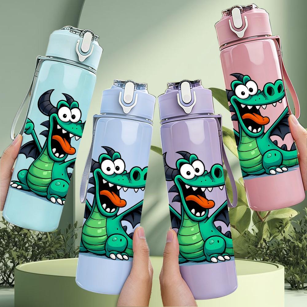 1PC Green Cartoon Dragon 750ml Color Plastic Sports Water Bottle Leakproof Flip Straw Lid Suitable for Sports Office Home Use