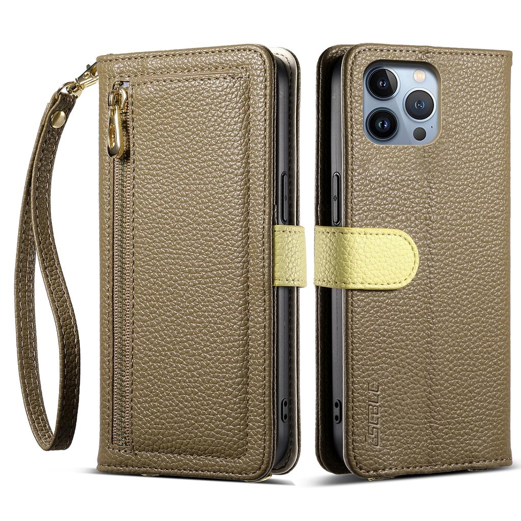 ESEBLE E11 For iPhone 14 Pro Max Case Zipper Pocket Litchi Texture Leather Phone Cover with Mirror and Wrist Strap