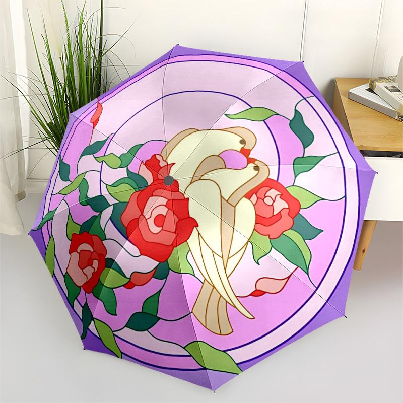 

1pc Lovebirds Stained Glass Automatic Folding Umbrella - Portable Collapsible Design, 8-Rib Iron Frame, Durable Fabric yy251125061