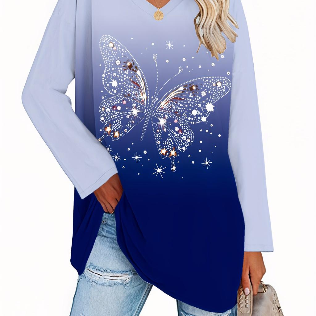2025 Fashion Women's Basic V-Neck Long Sleeve,Butterfly Printed Polyester Relaxed Fit Tees Shirt,Spring Fall Casual Comfort Tops