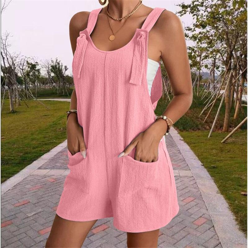 European And American Women's Summer Casual Solid Color Suspender Shorts One-piece Pants Adjustable Large Size Overalls Cool And Comfortable