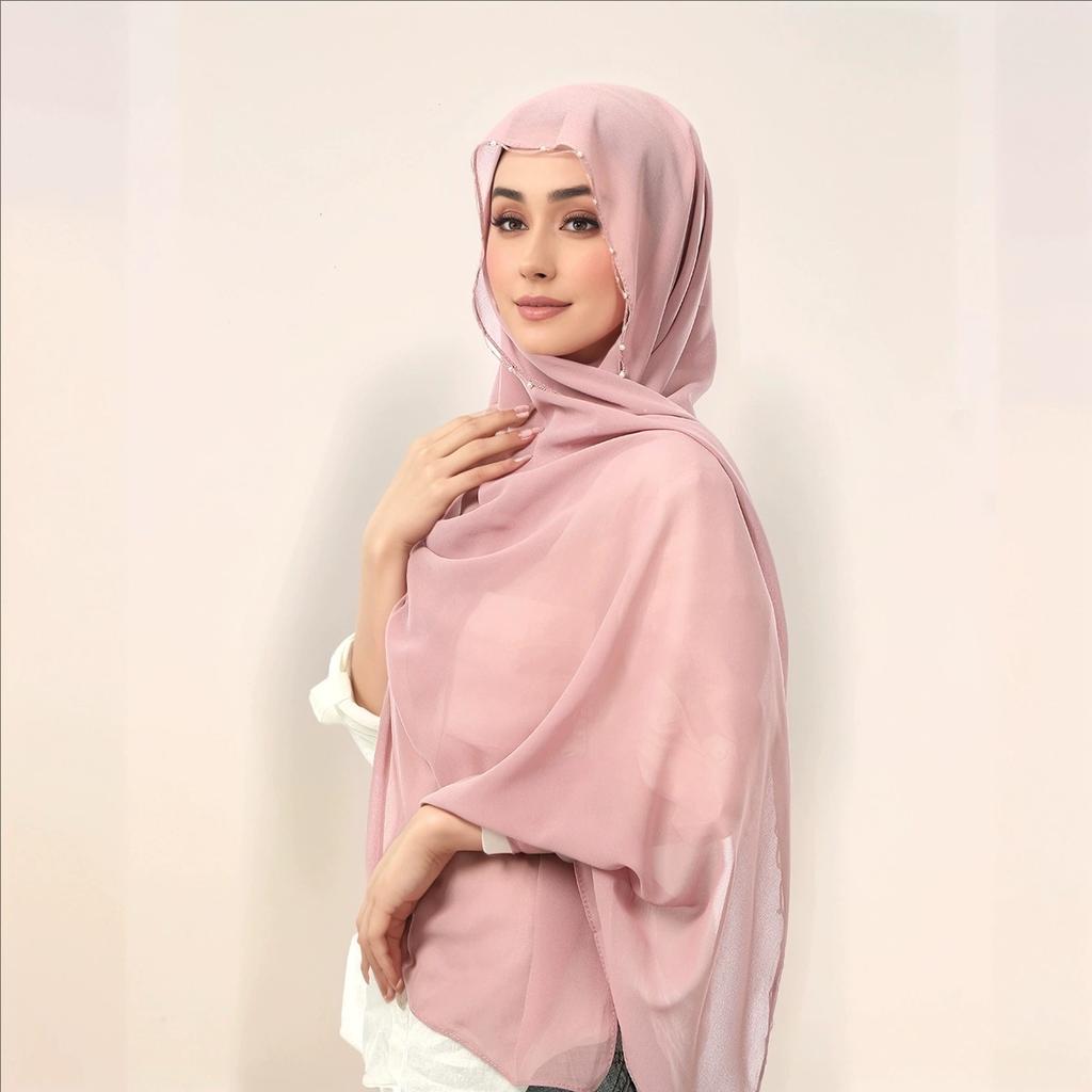 Malaysia Indonesian New Pearl Chain Chiffon Headscarf Shawl Turban Head Wraps