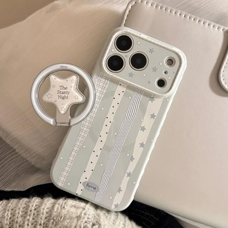 Korean Plaid Striped Splicing Fold Stars Magnetic Bracket Phone Case For iPhone 17 14 15 16 13 12 Pro Max Shockproof Soft Cover